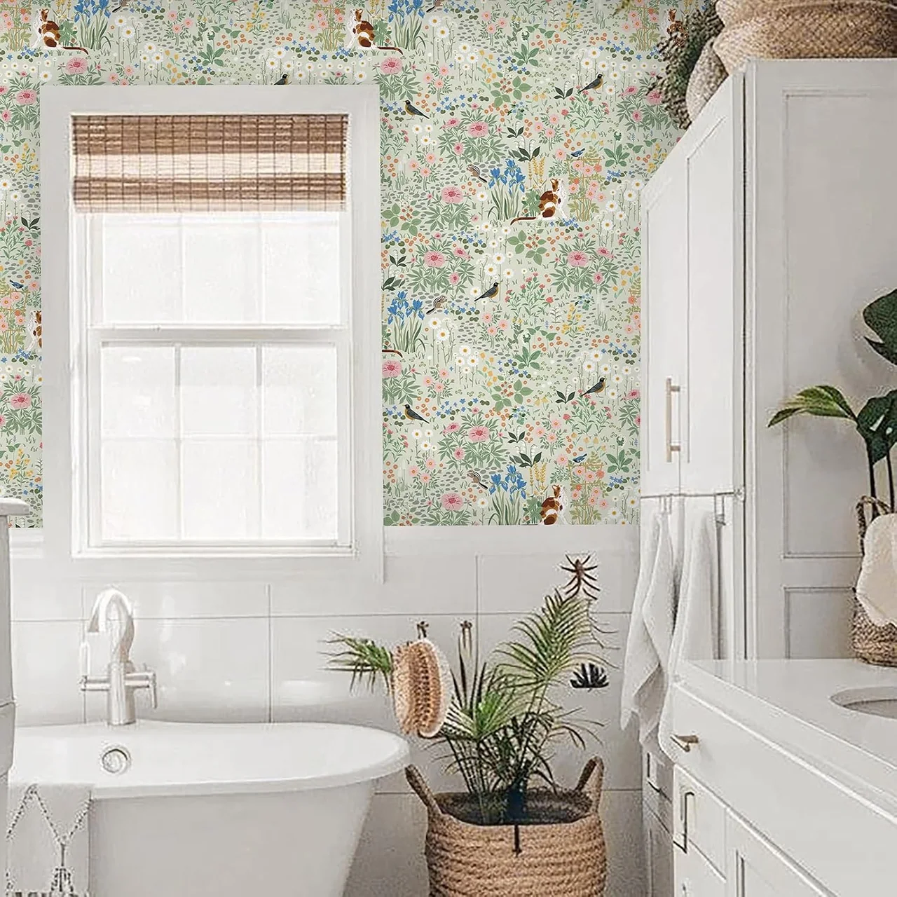 Heroad Light Green Boho Floral peel and stick wallpaper in a room