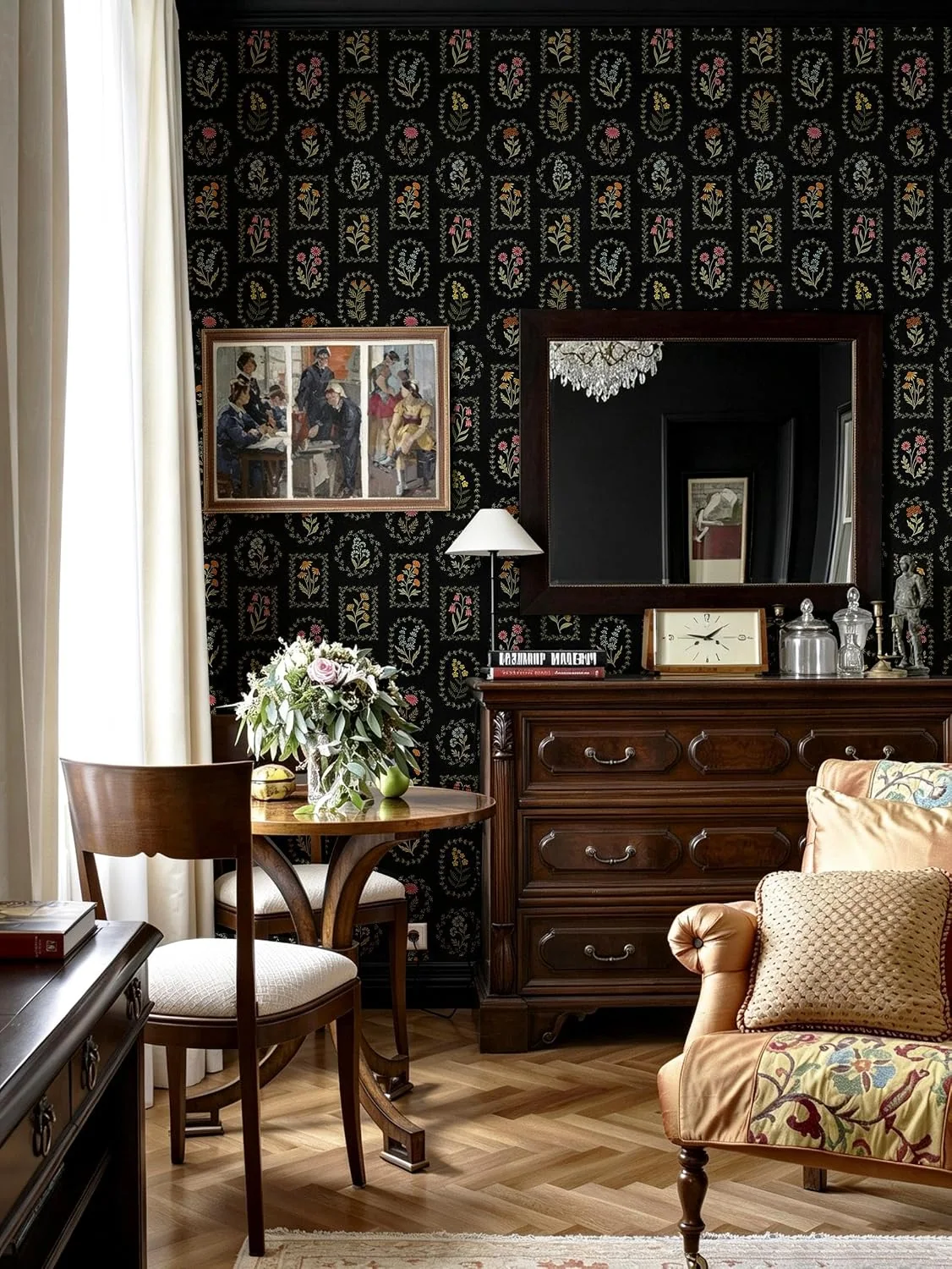 Heroad Black Botanical Cameo peel and stick wallpaper in a room