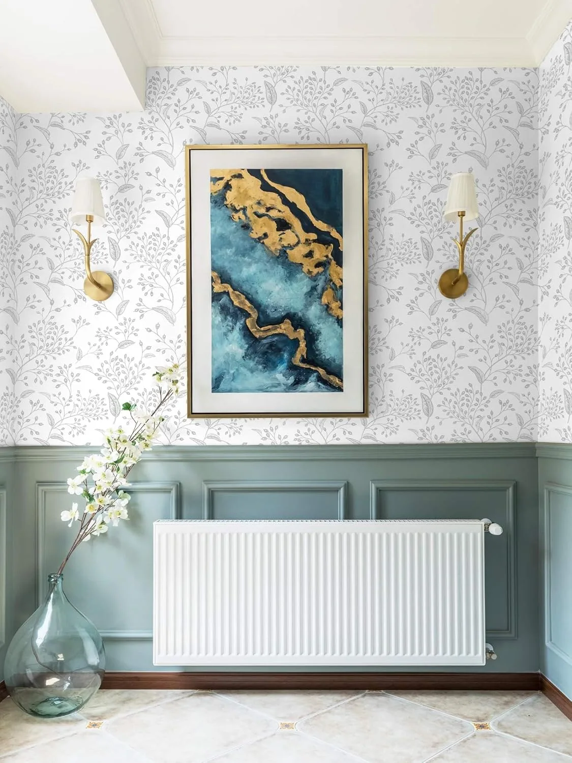 Heroad White and Silver Floral peel and stick wallpaper in a room