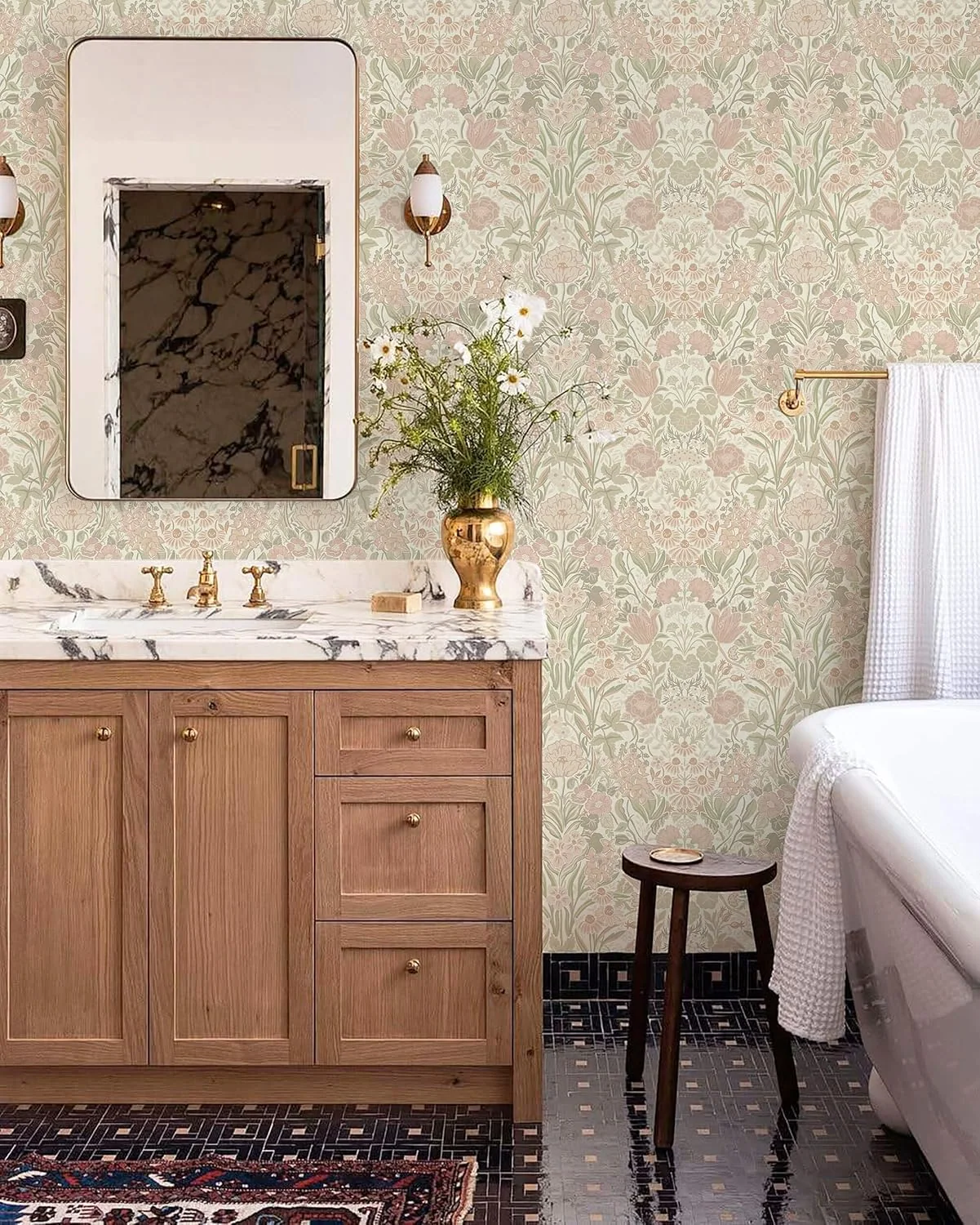 Heroad Pink and Green Vintage Floral peel and stick wallpaper in a room