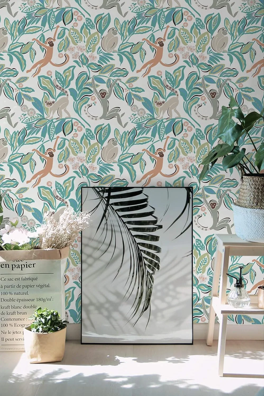 Heroad Green Jungle Monkey peel and stick wallpaper in a room