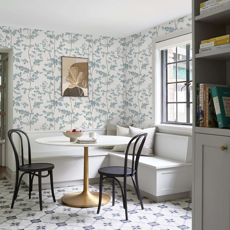 Blue and White Cottage Leaf peel and stick wallpaper in a room