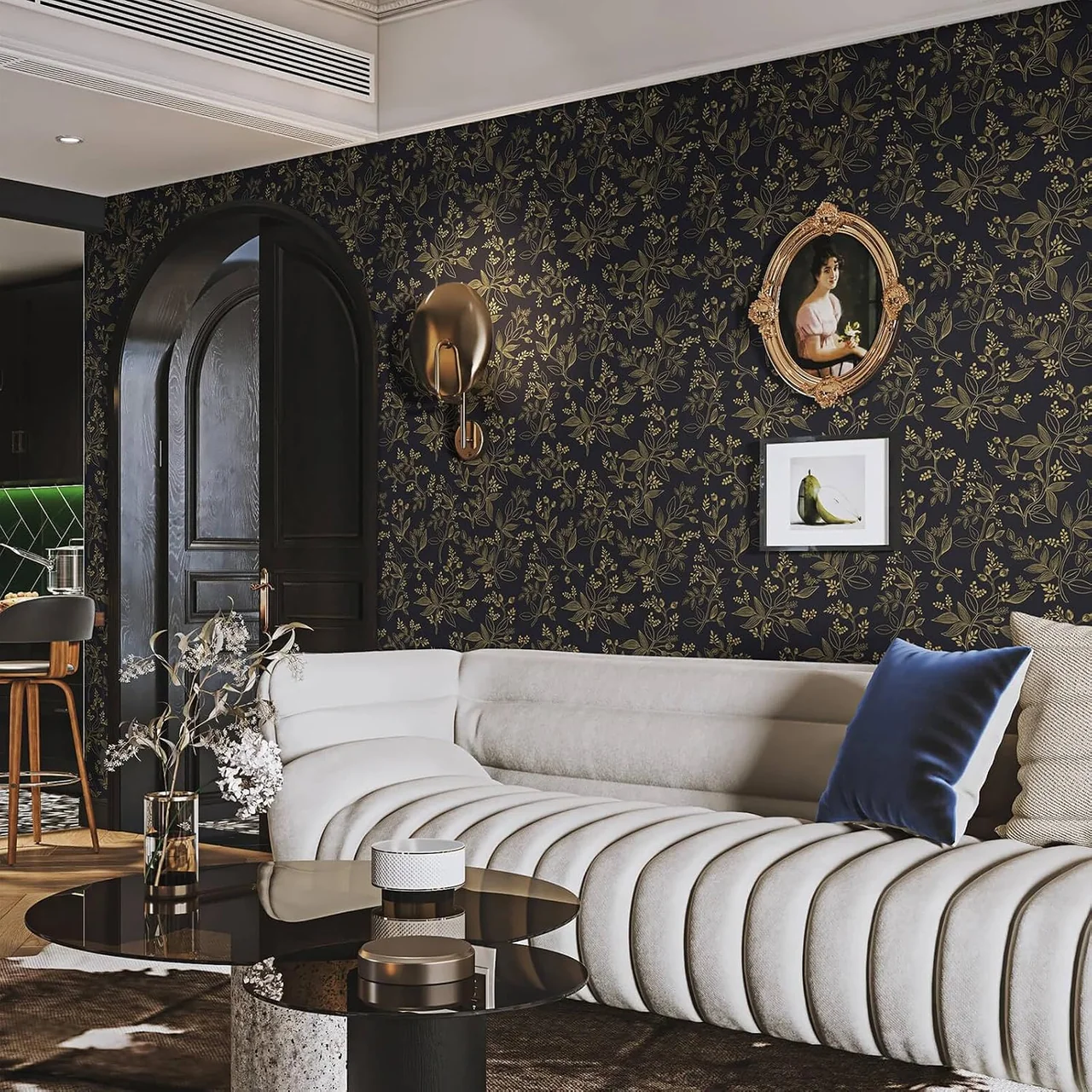 Heroad Black and Gold Modern Floral peel and stick wallpaper in a room