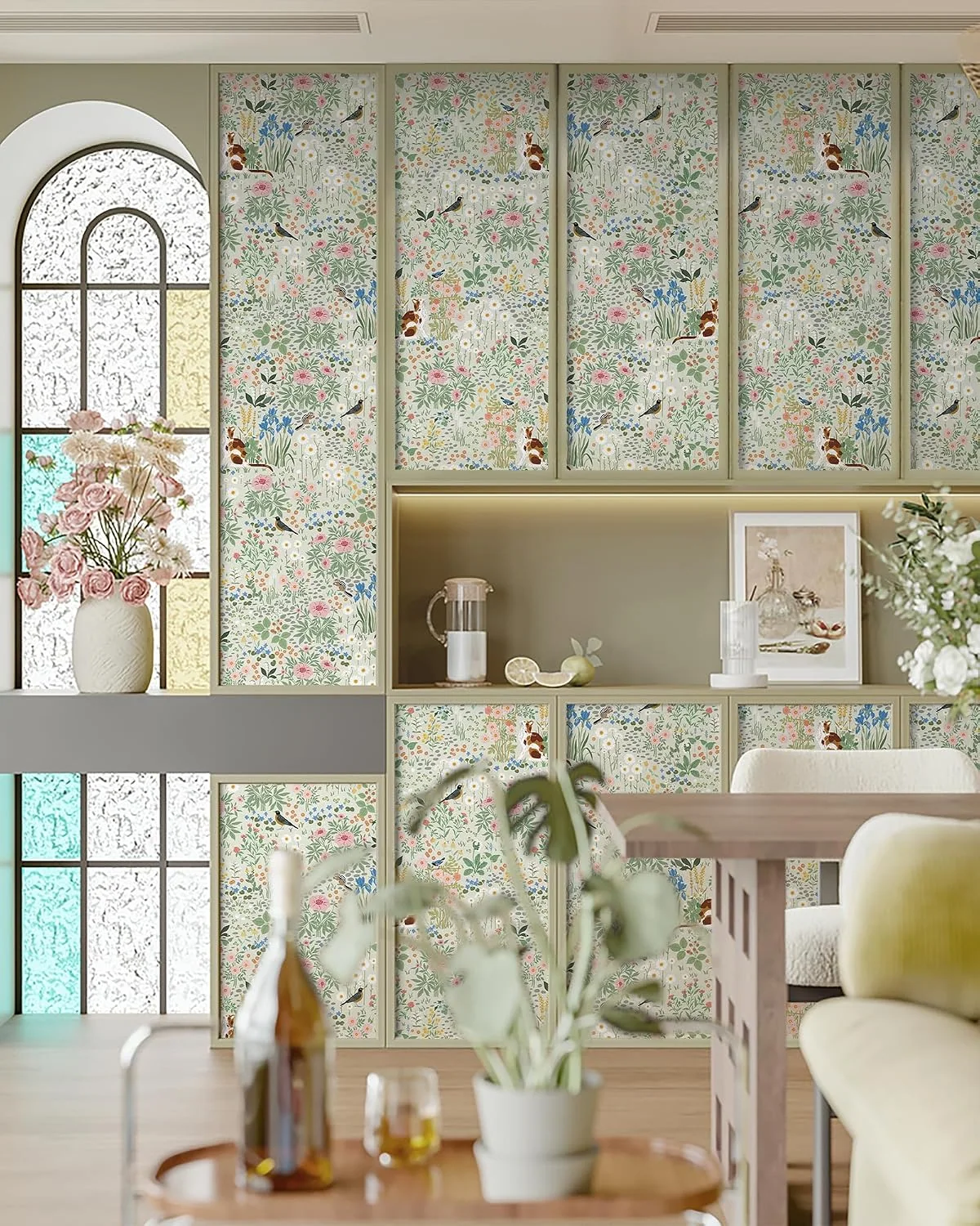 Heroad Light Green Boho Floral peel and stick wallpaper in a room