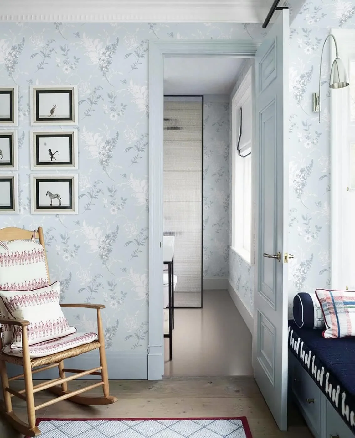 Heroad Blue French Floral peel and stick wallpaper in a room