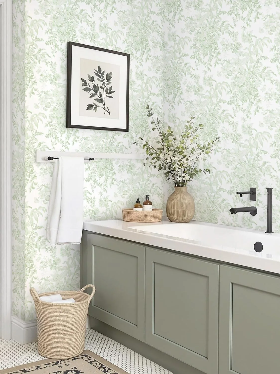 Heroad Green Floral Sprig peel and stick wallpaper in a room