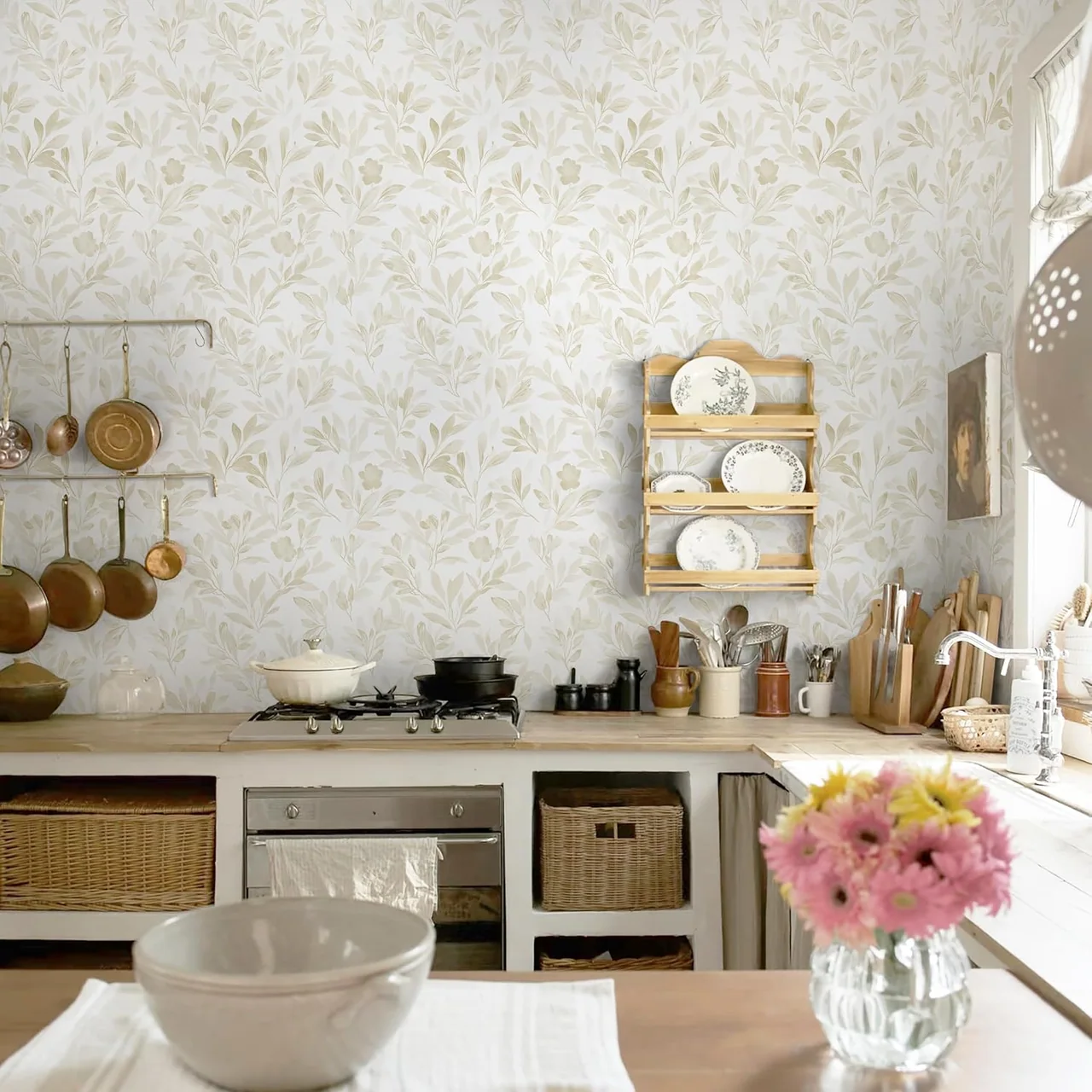 Heroad Beige Modern Leaf peel and stick wallpaper in a room
