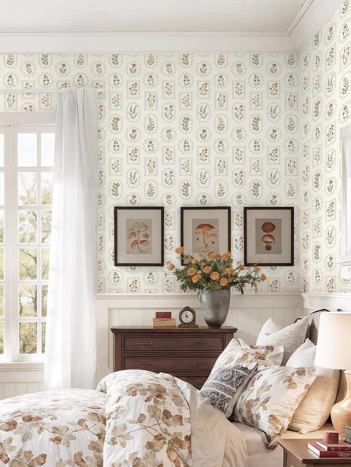 Heroad Cream Botanical Cameo peel and stick wallpaper in a room