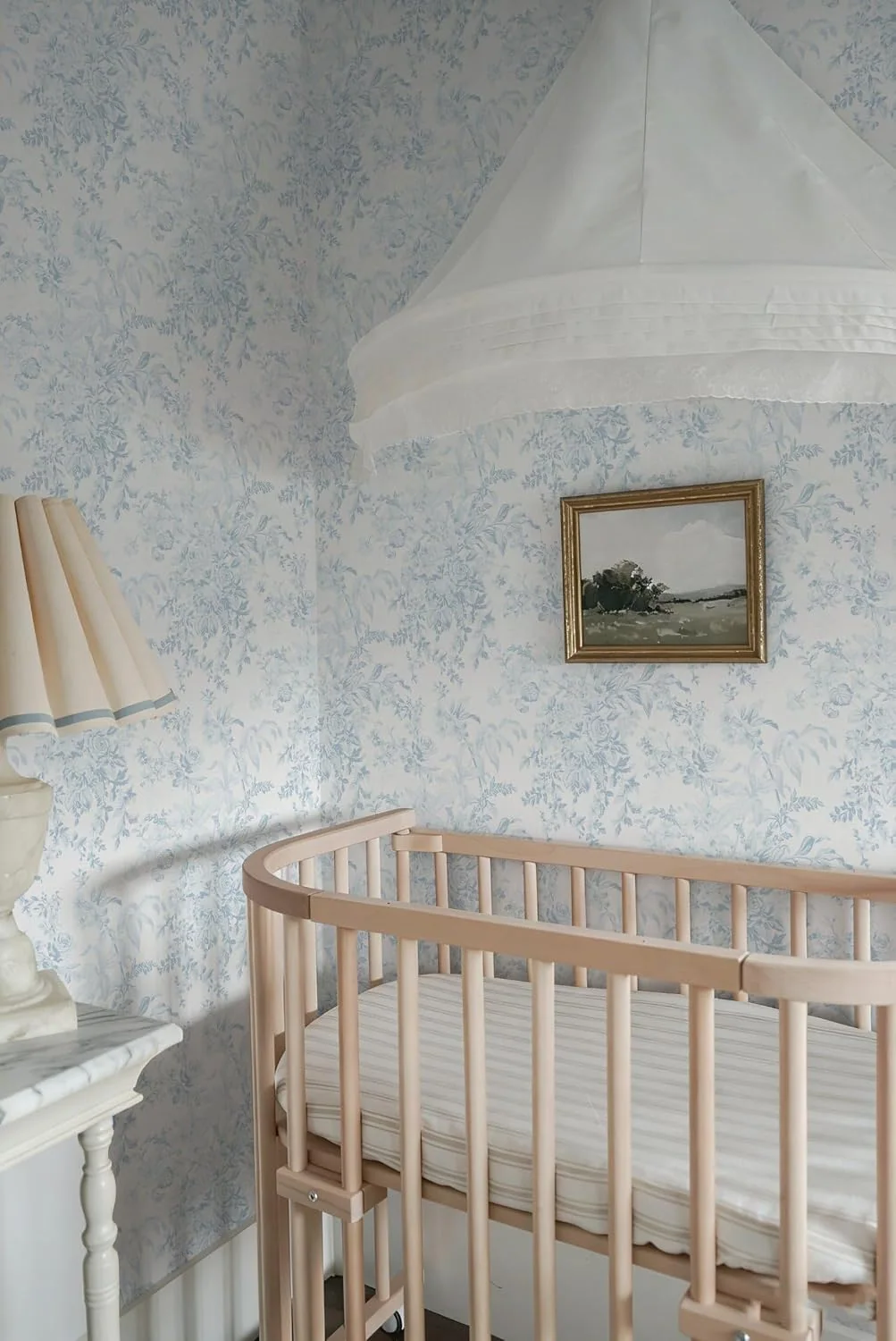 Heroad Blue Toile Leaf peel and stick wallpaper in a room