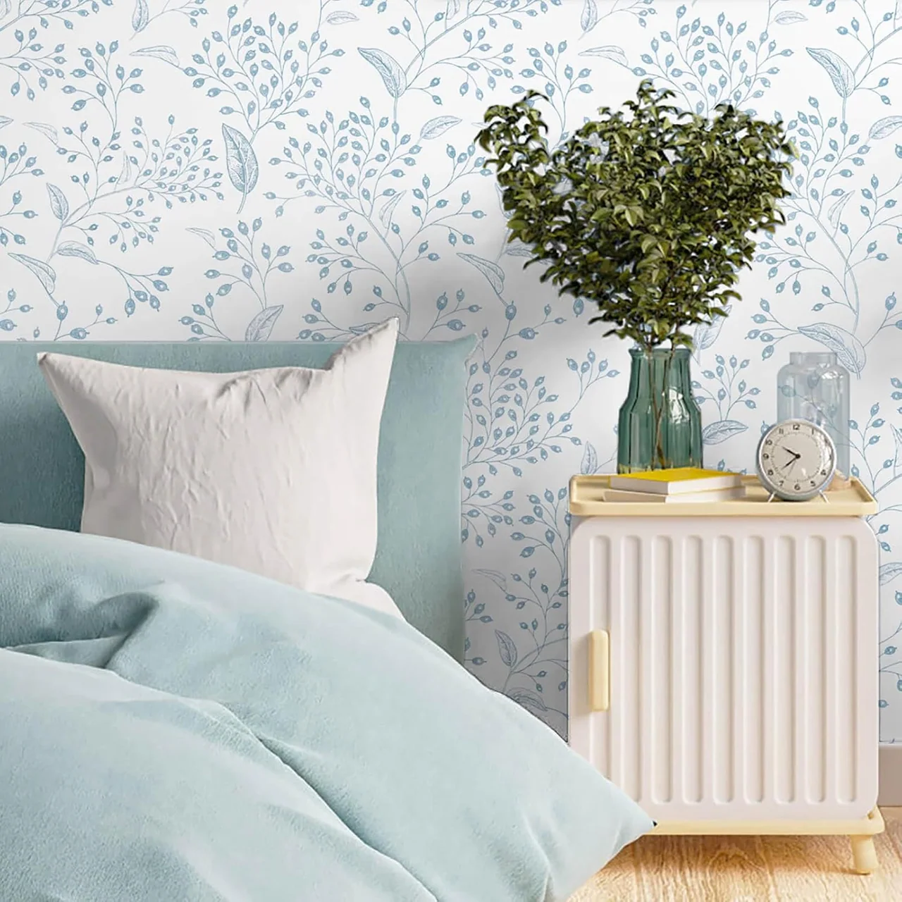 Heroad Light Blue Boho Floral peel and stick wallpaper in a room