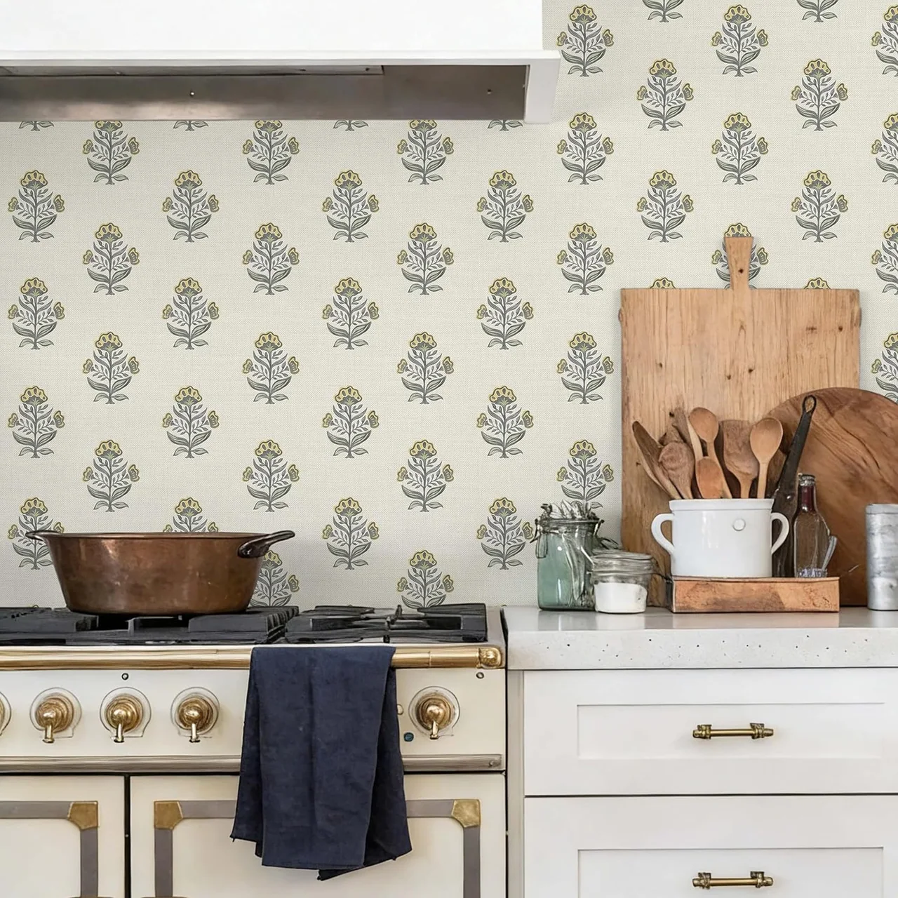 Heroad Sage Block Print Floral peel and stick wallpaper in a room