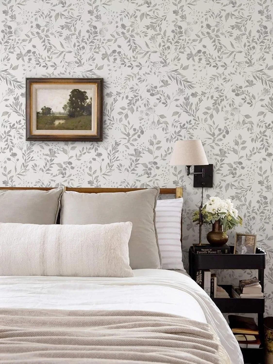 Heroad Grey Vintage Botanical peel and stick wallpaper in a room