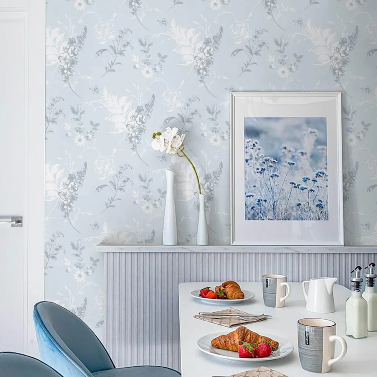Heroad Blue French Floral peel and stick wallpaper in a room