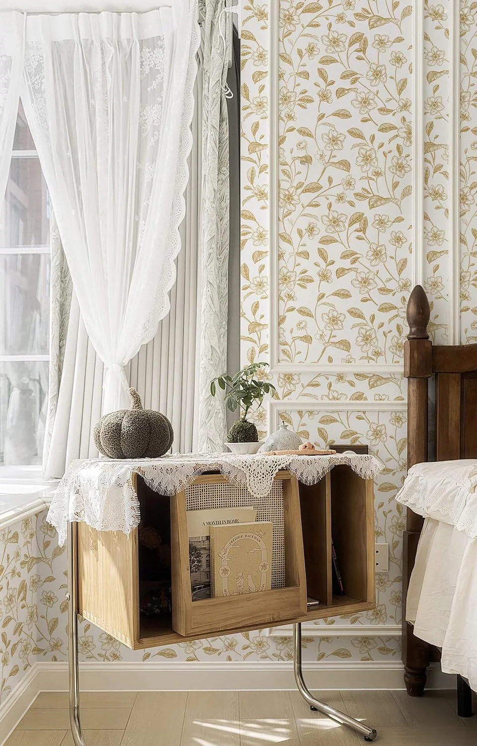 Heroad White Boho Floral peel and stick wallpaper in a room
