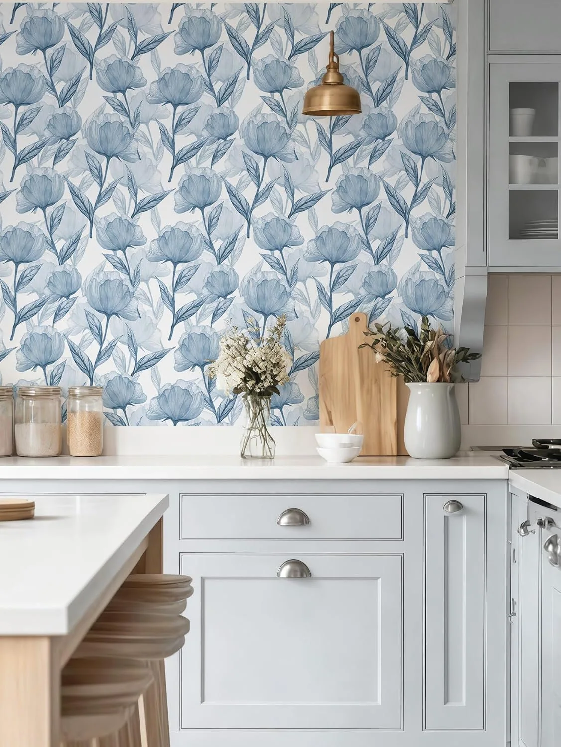Heroad Blue Large Watercolor Floral peel and stick wallpaper in a room