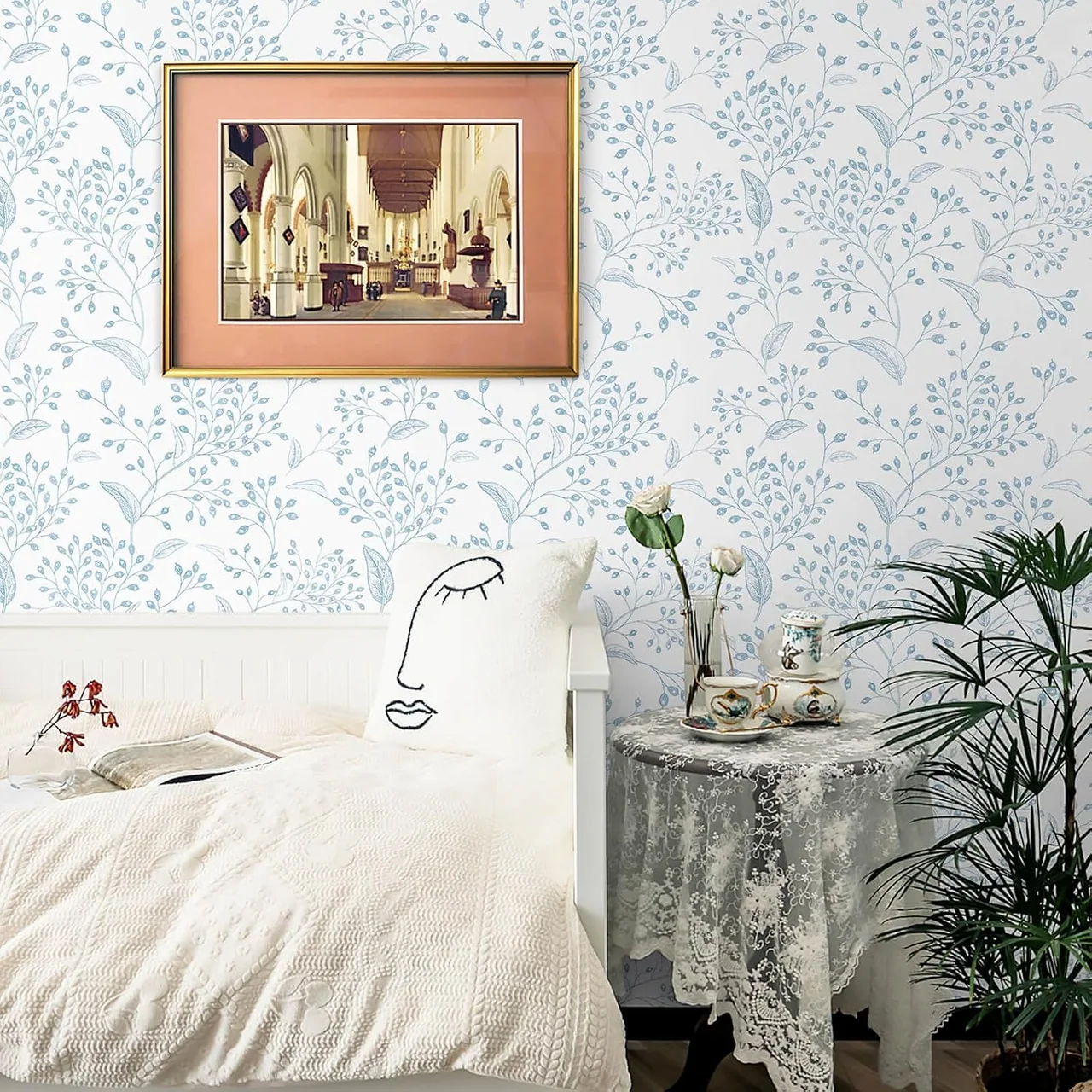 Heroad Light Blue Boho Floral peel and stick wallpaper in a room