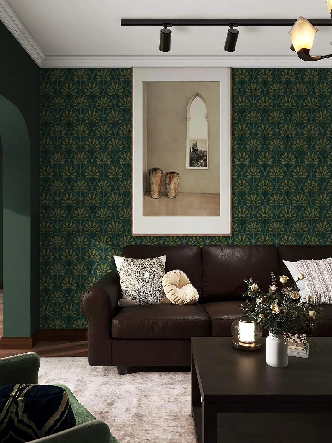 Heroad Dark Green Boho Tropical peel and stick wallpaper in a room