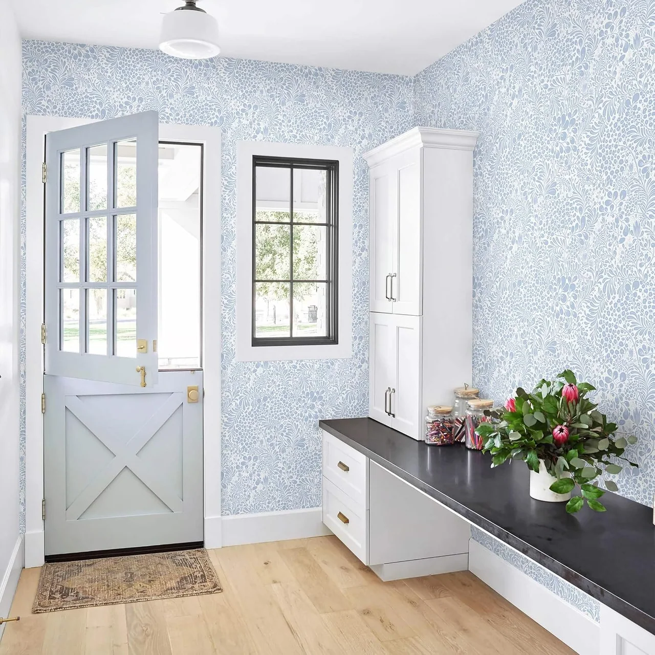 Heroad Blue Boho Floral peel and stick wallpaper in a room