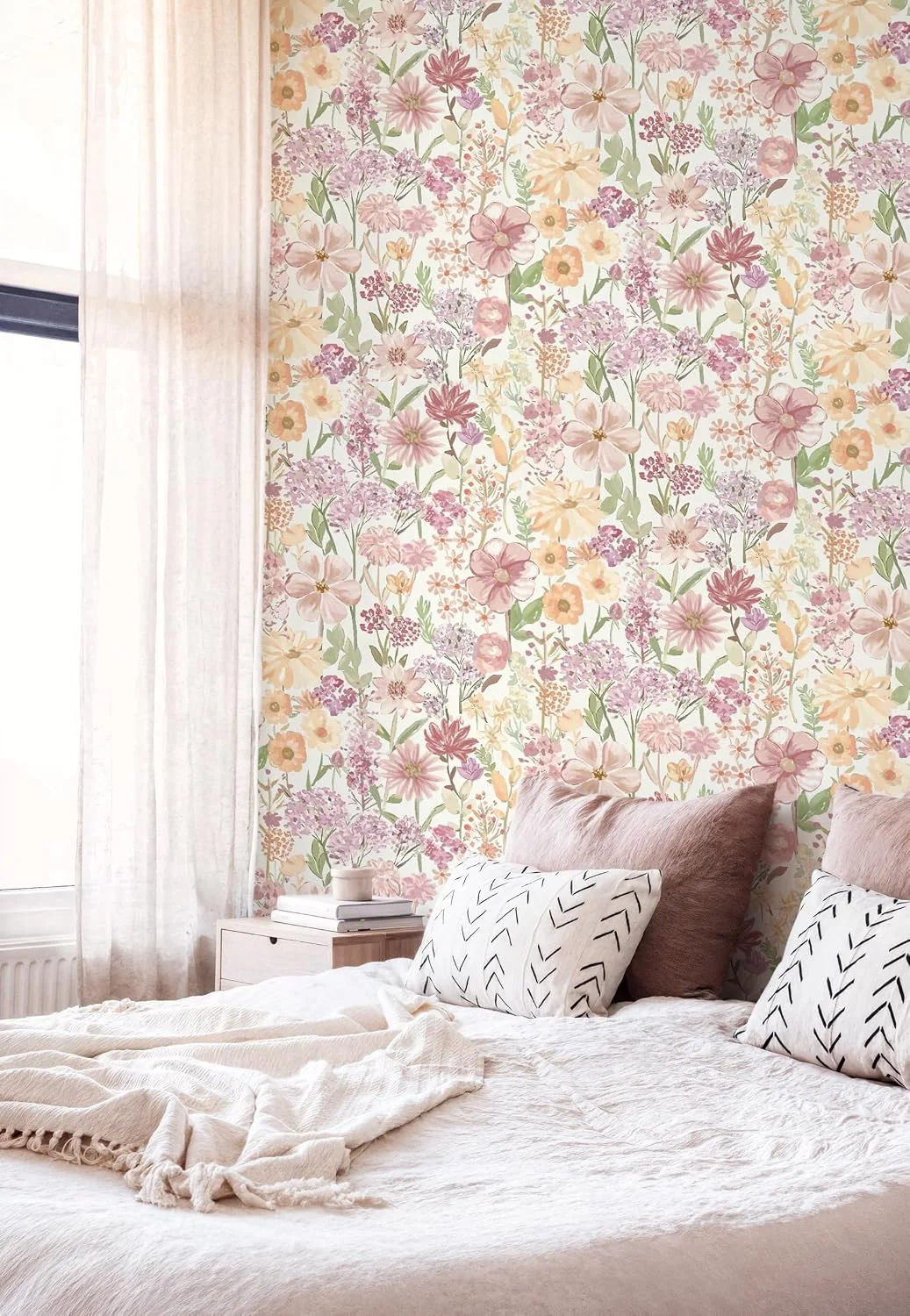 Heroad Pink Farmhouse Floral peel and stick wallpaper in a room