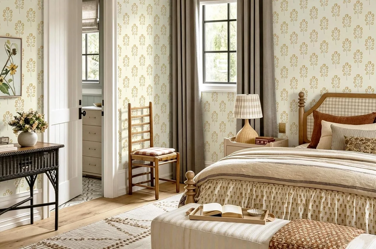 Heroad Beige Farmhouse Botanical peel and stick wallpaper in a room