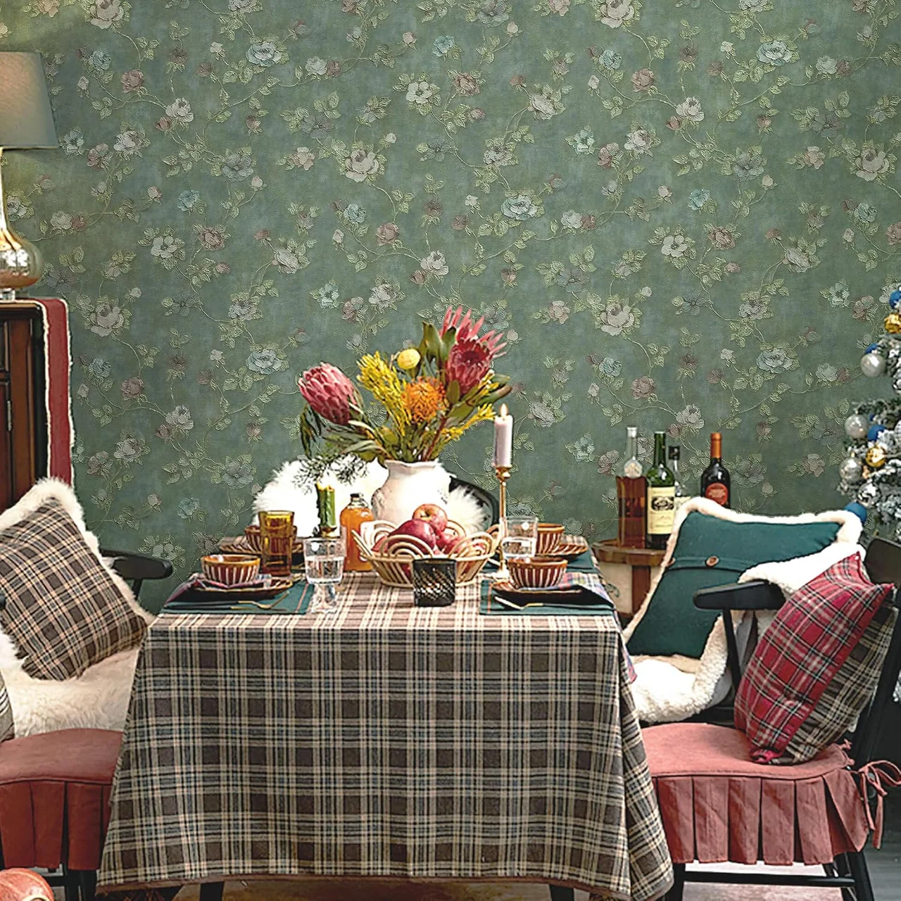 Heroad Green Vintage Rose peel and stick wallpaper in a room