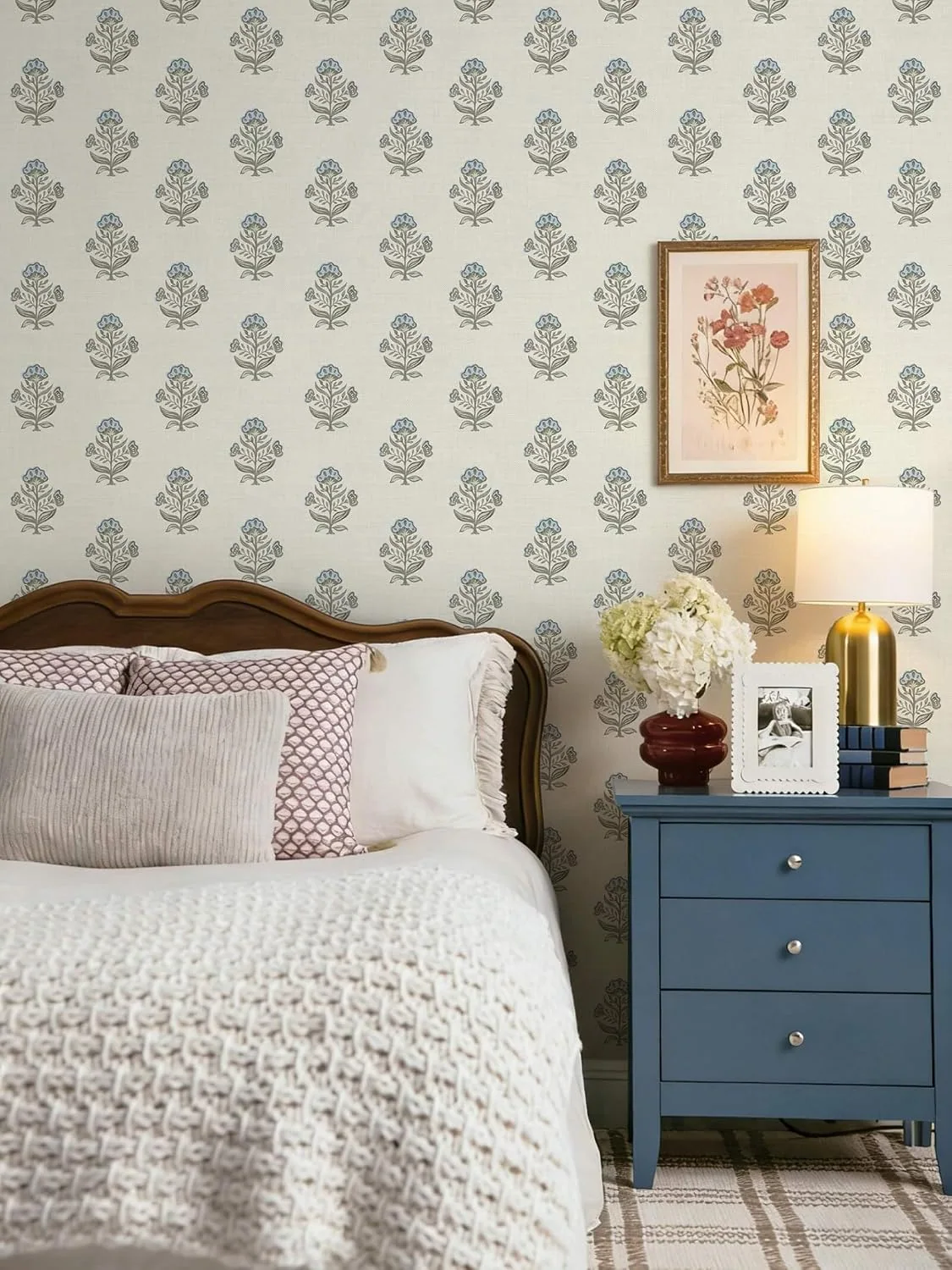Heroad Blue Cottage Floral peel and stick wallpaper in a room