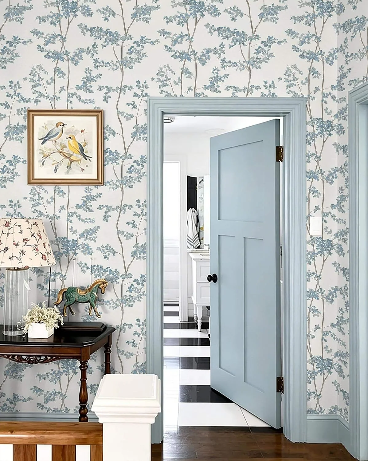 Heroad Blue and White Cottage Leaf peel and stick wallpaper in a room