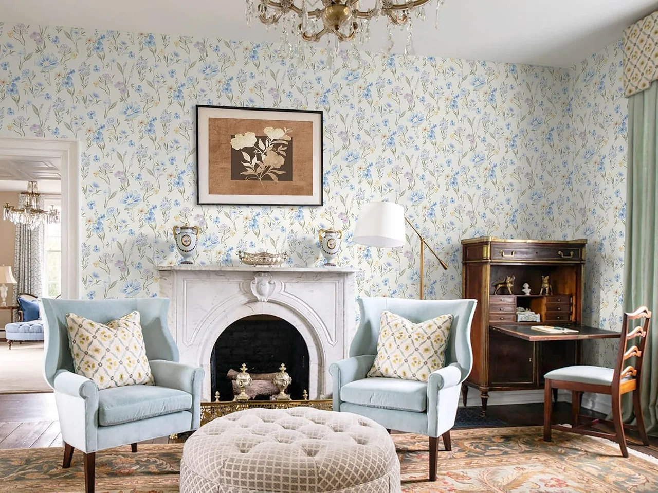 Heroad Blue Vintage Botanical peel and stick wallpaper in a room