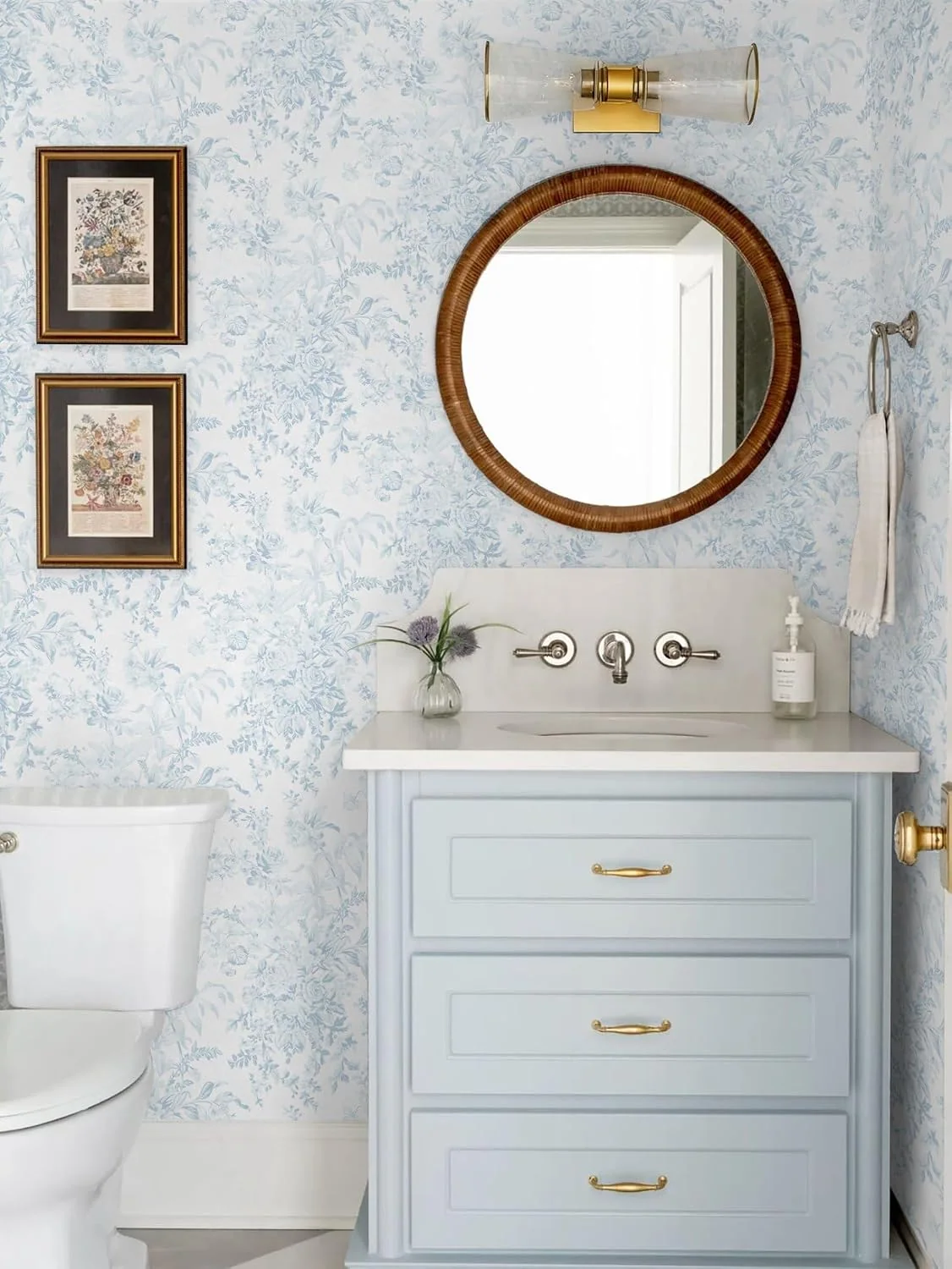 Heroad Blue Toile Leaf peel and stick wallpaper in a room