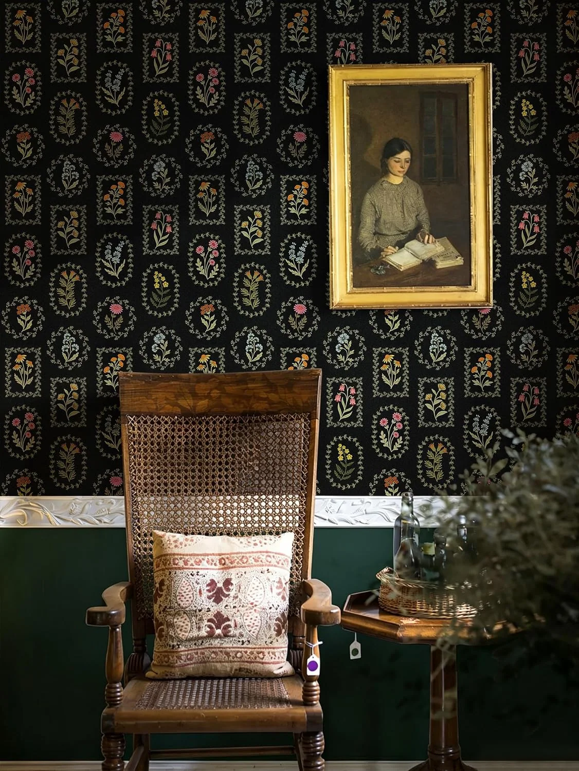 Heroad Black Botanical Cameo peel and stick wallpaper in a room