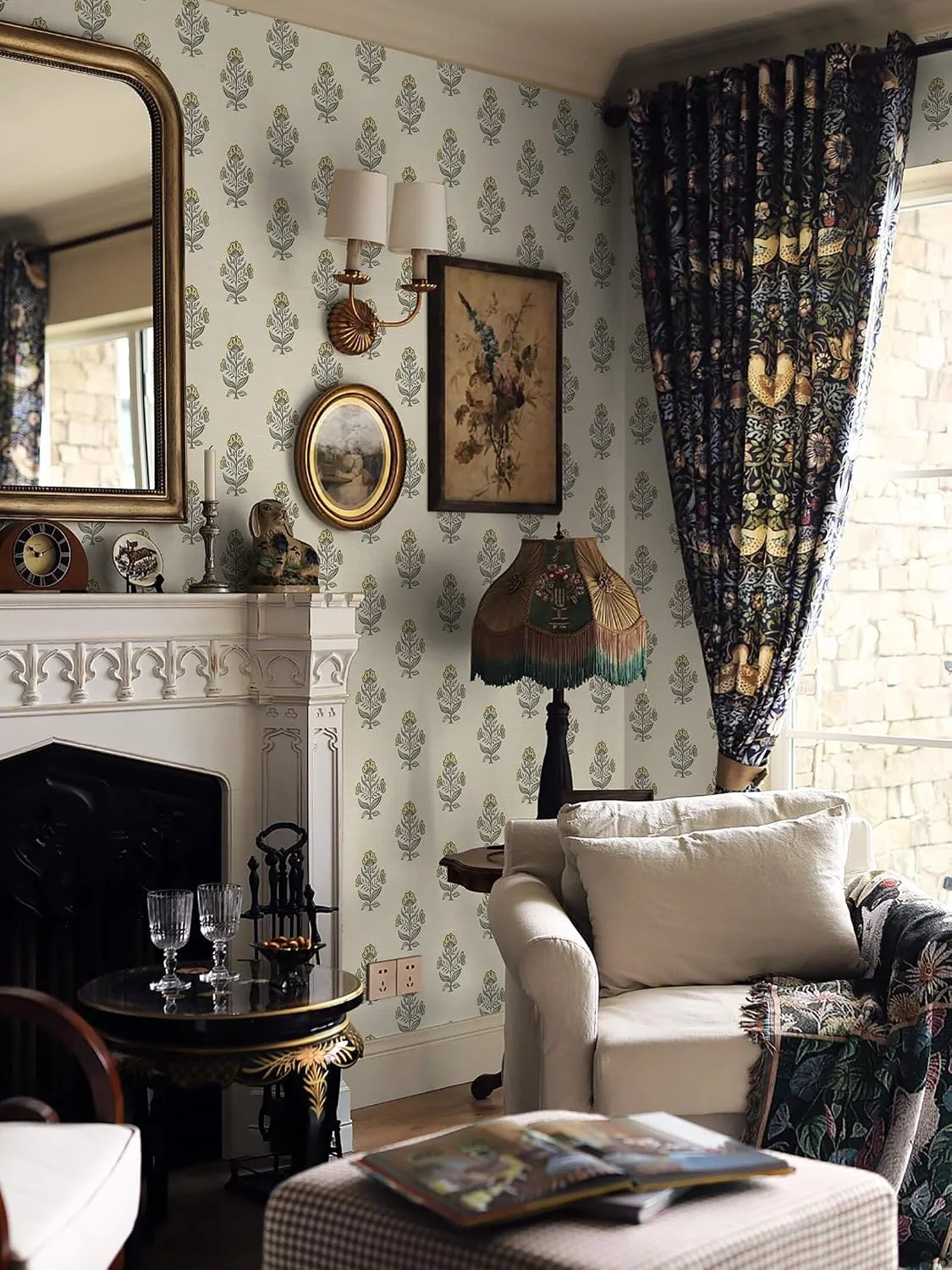 Heroad Sage Block Print Floral peel and stick wallpaper in a room