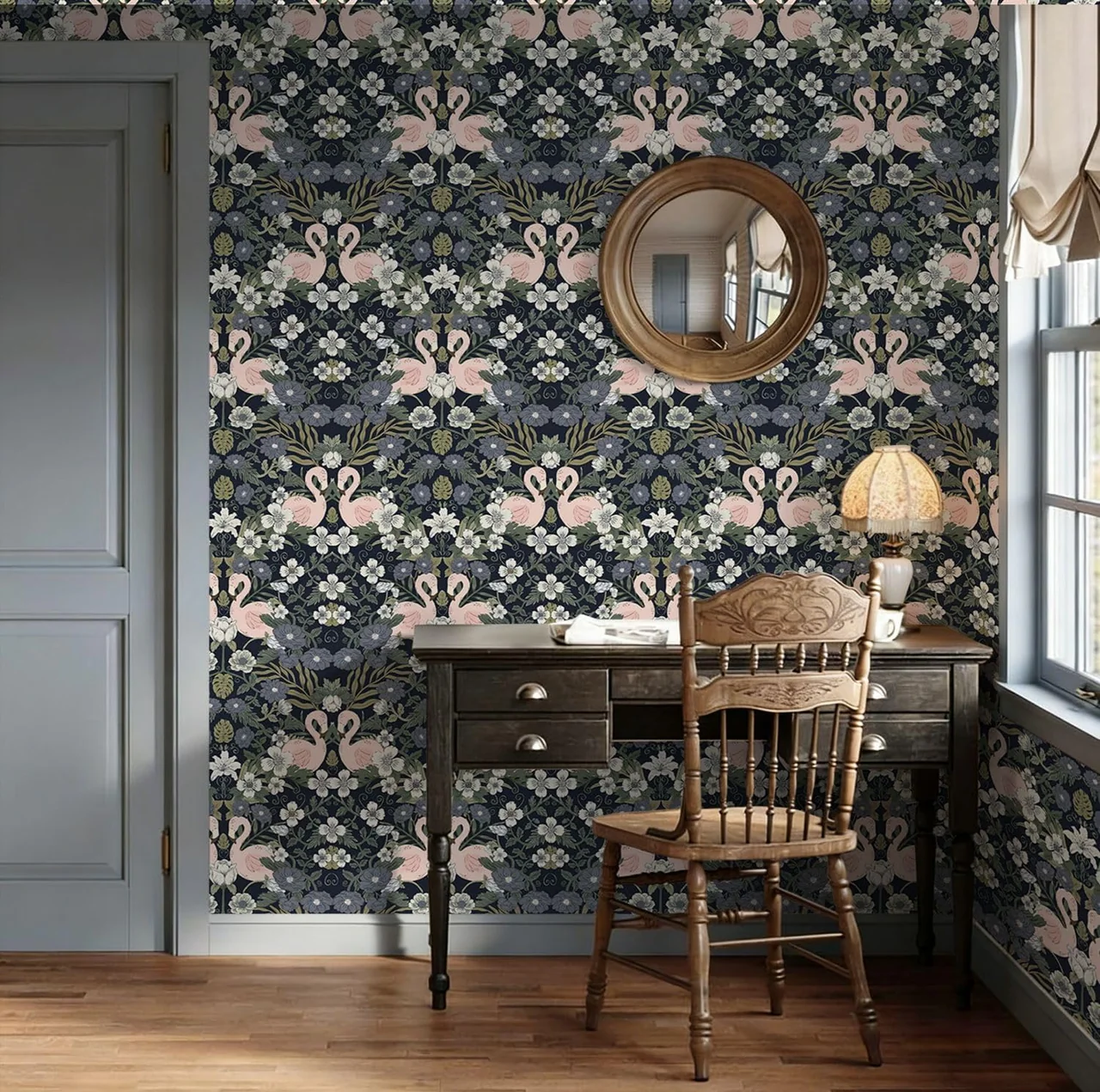 Heroad Dark Blue Vintage Floral peel and stick wallpaper in a room