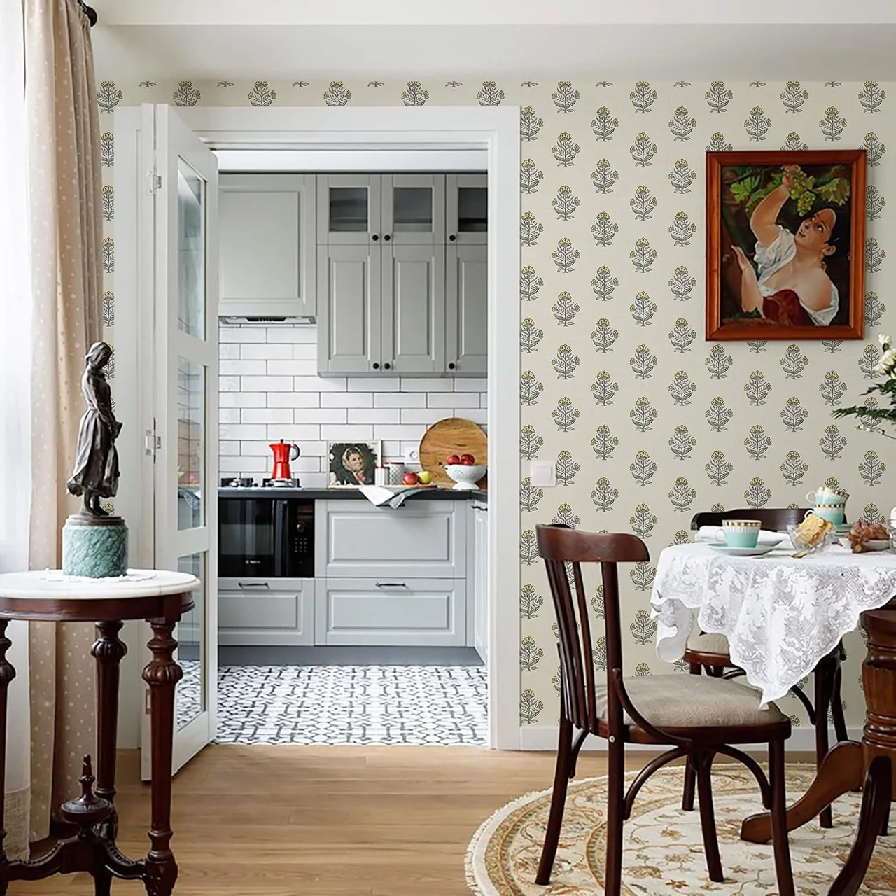 Heroad Sage Block Print Floral peel and stick wallpaper in a room