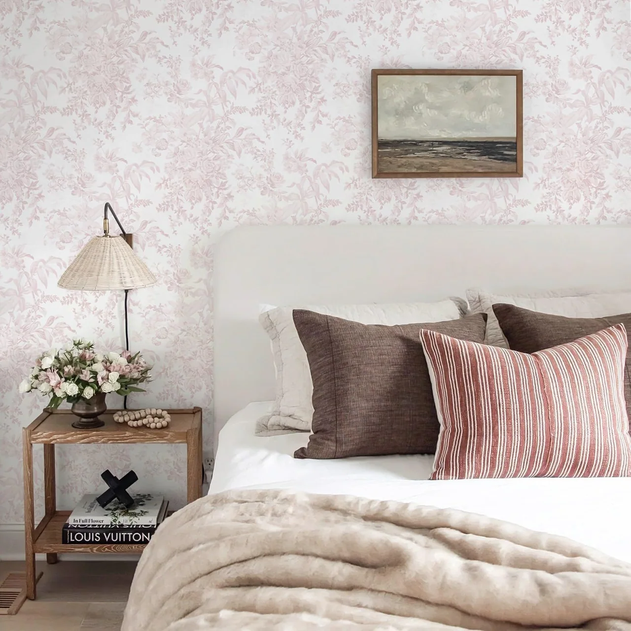 Heroad Pink Boho Toile peel and stick wallpaper in a room