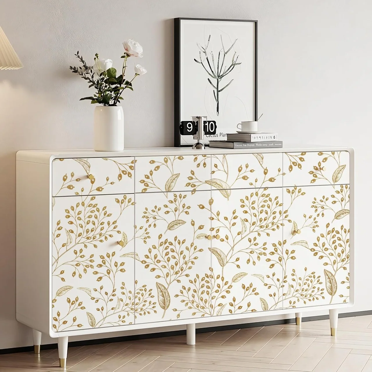 Heroad White and Gold Floral peel and stick wallpaper in a room