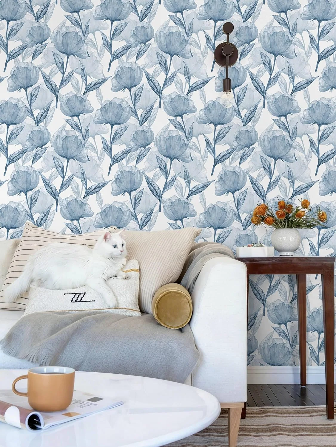 Heroad Blue Large Watercolor Floral peel and stick wallpaper in a room