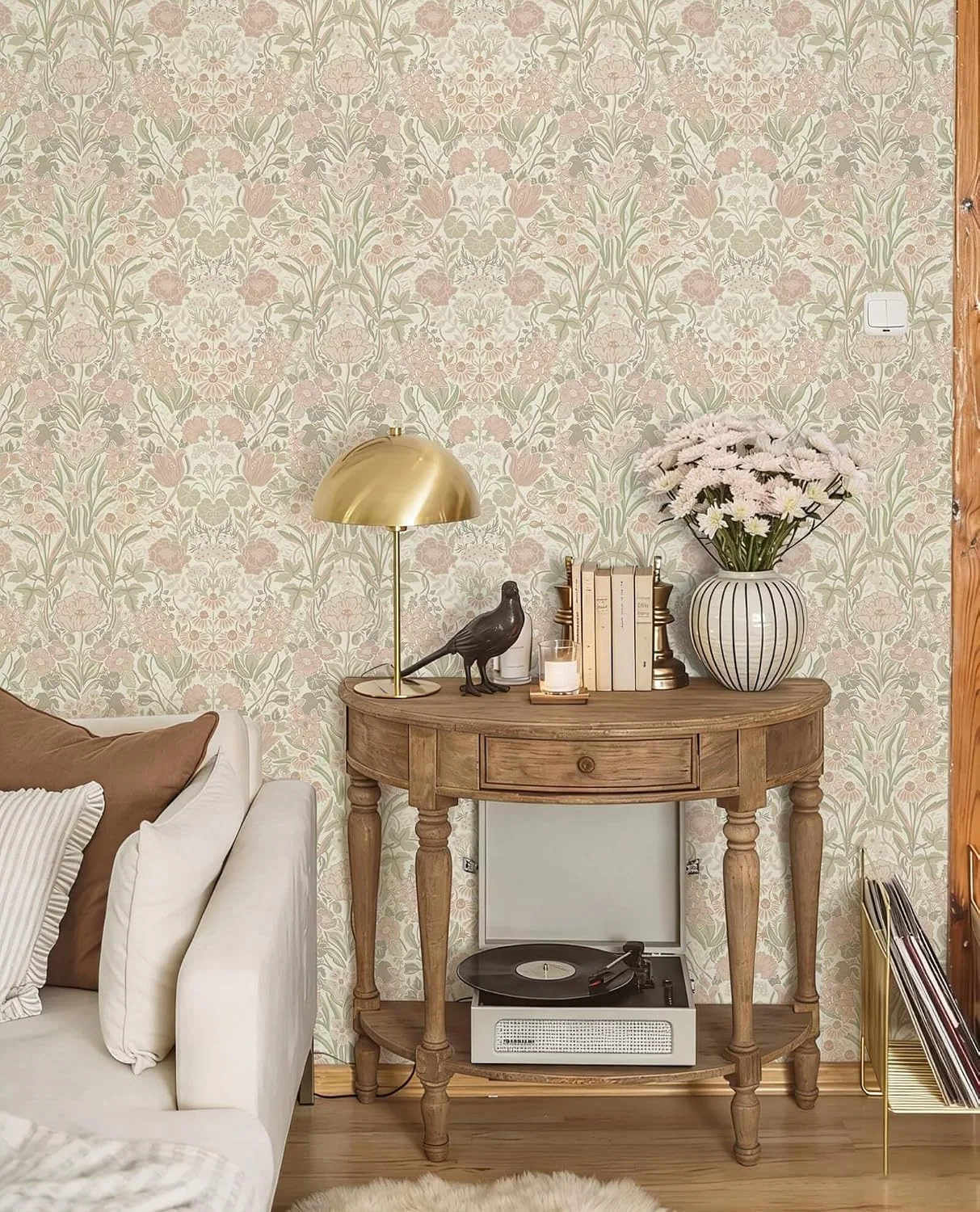 Heroad Pink and Green Vintage Floral peel and stick wallpaper in a room