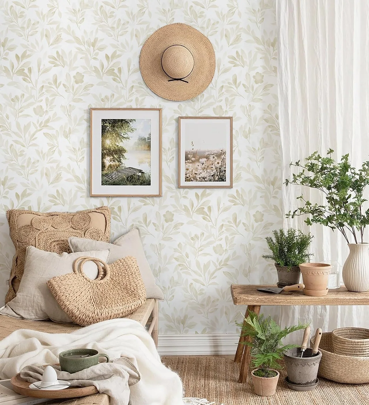 Heroad Beige Modern Leaf peel and stick wallpaper in a room
