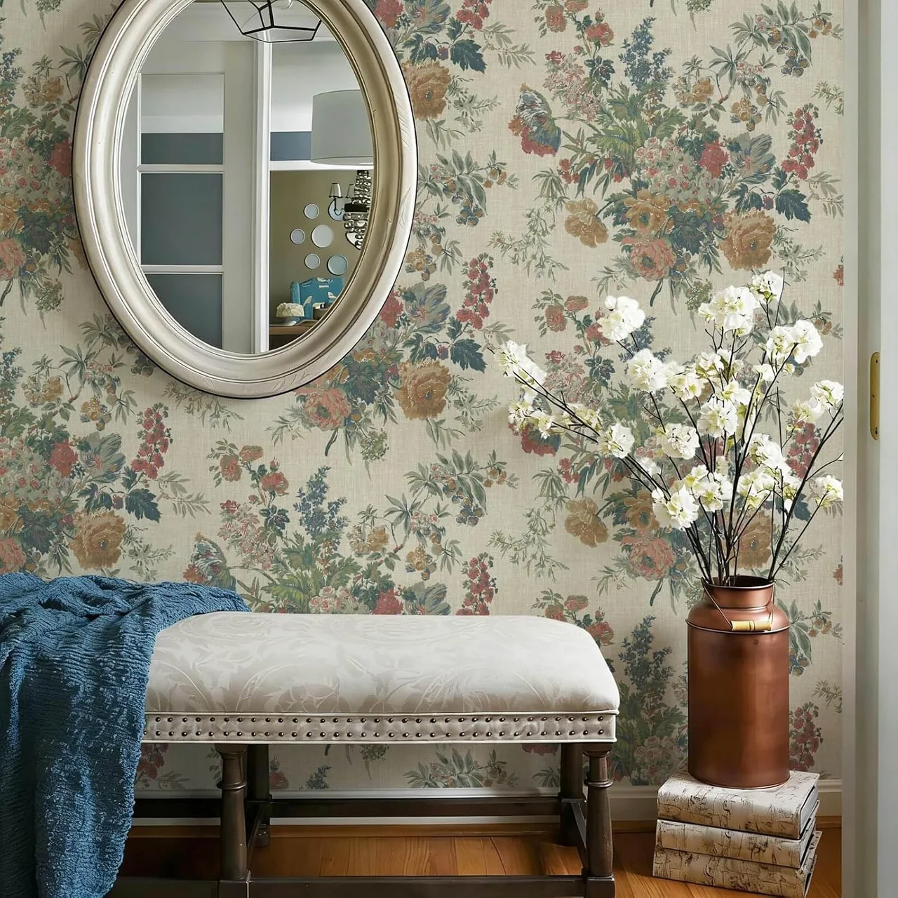 Farmhouse Chintz Floral above a bench with a round mirror