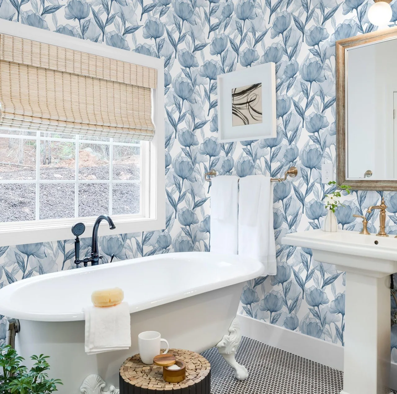 Blue Large Watercolor Floral on a bathroom wall above a claw-foot tub