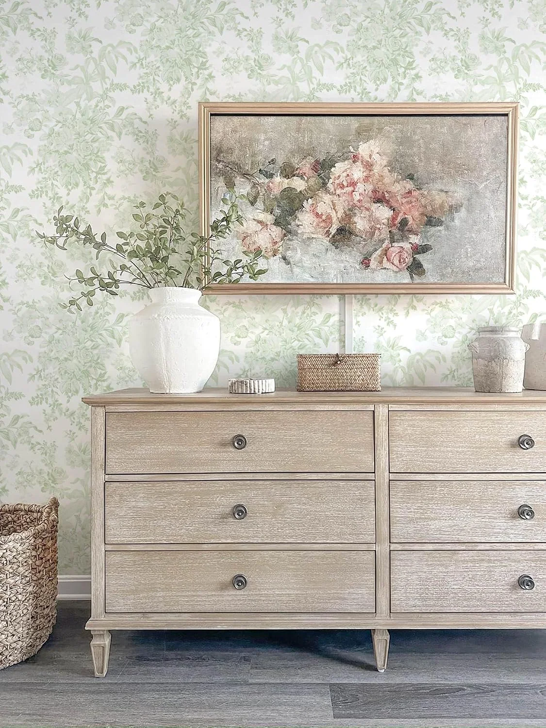 Heroad Green Floral Sprig peel and stick wallpaper in a room