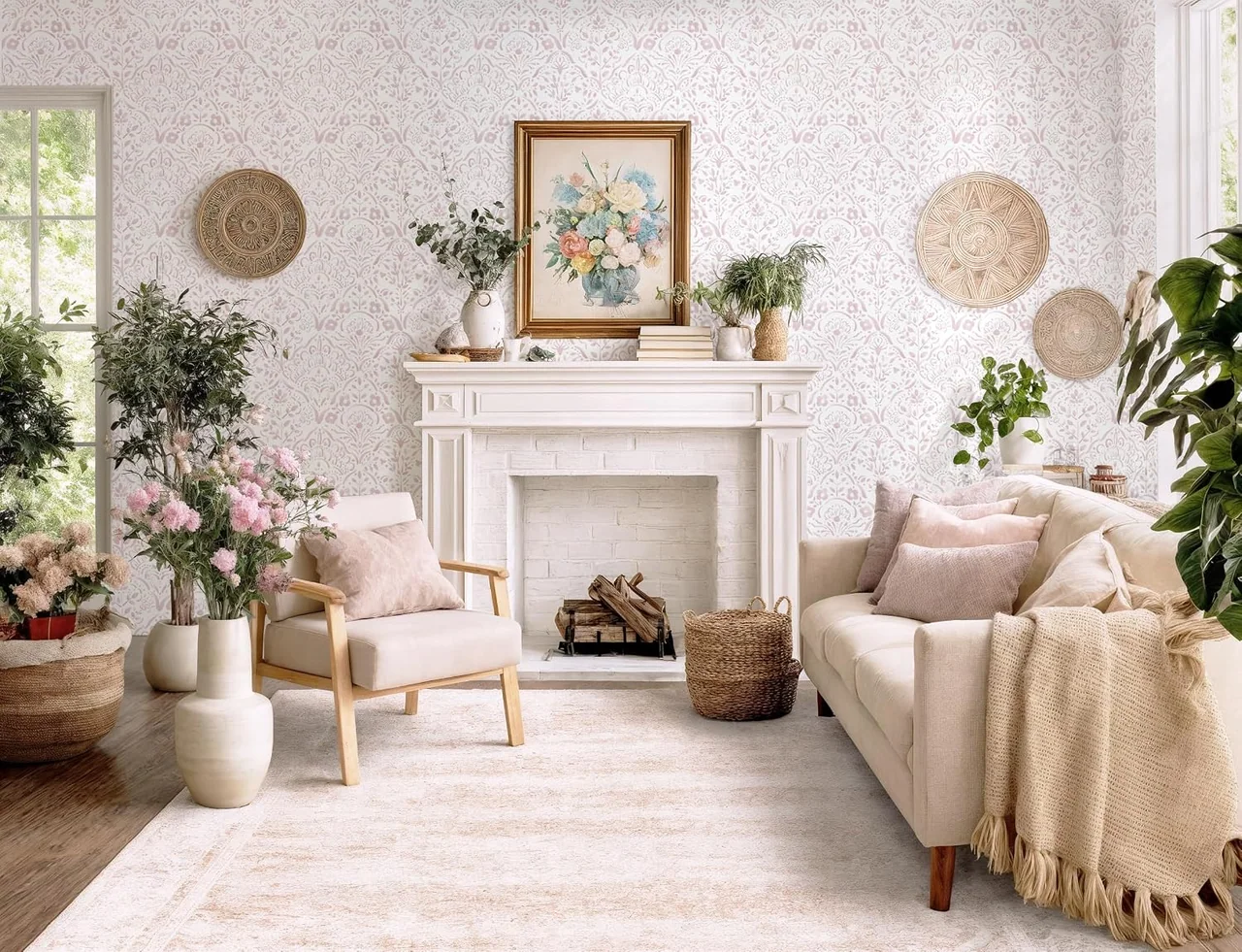 Heroad Pink Boho Floral peel and stick wallpaper in a room