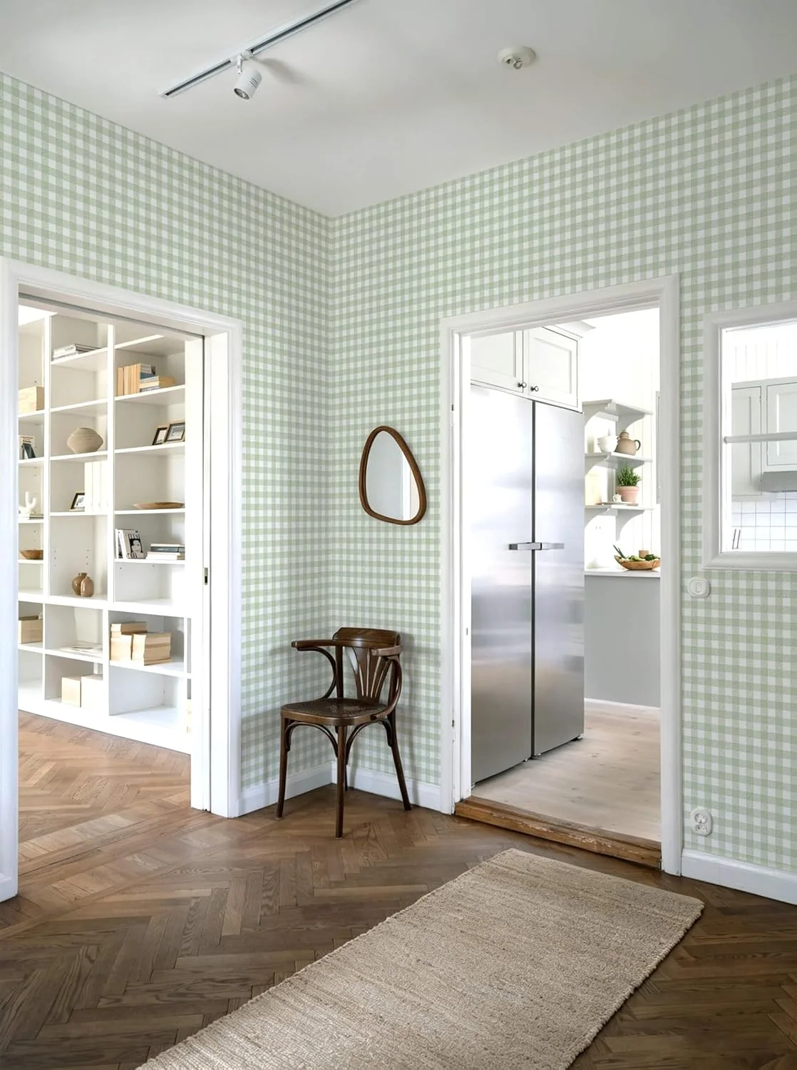 Heroad Green Boho Gingham peel and stick wallpaper in a room