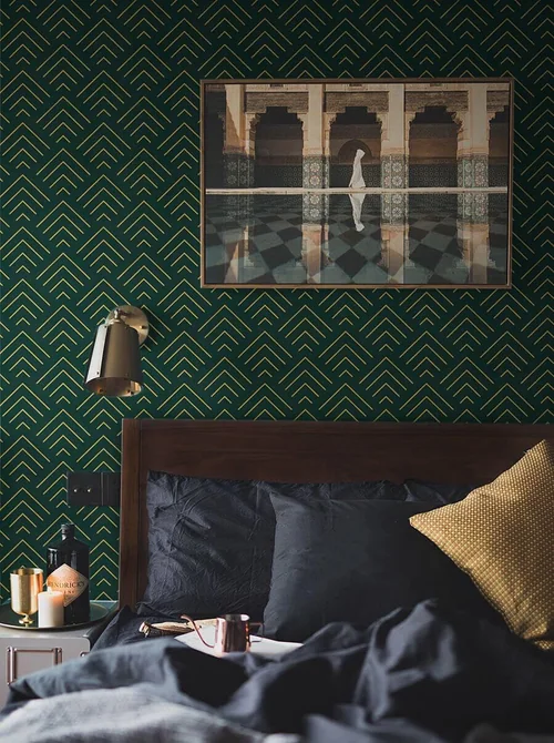 Heroad Dark Green and Gold Geometric peel and stick wallpaper in a room