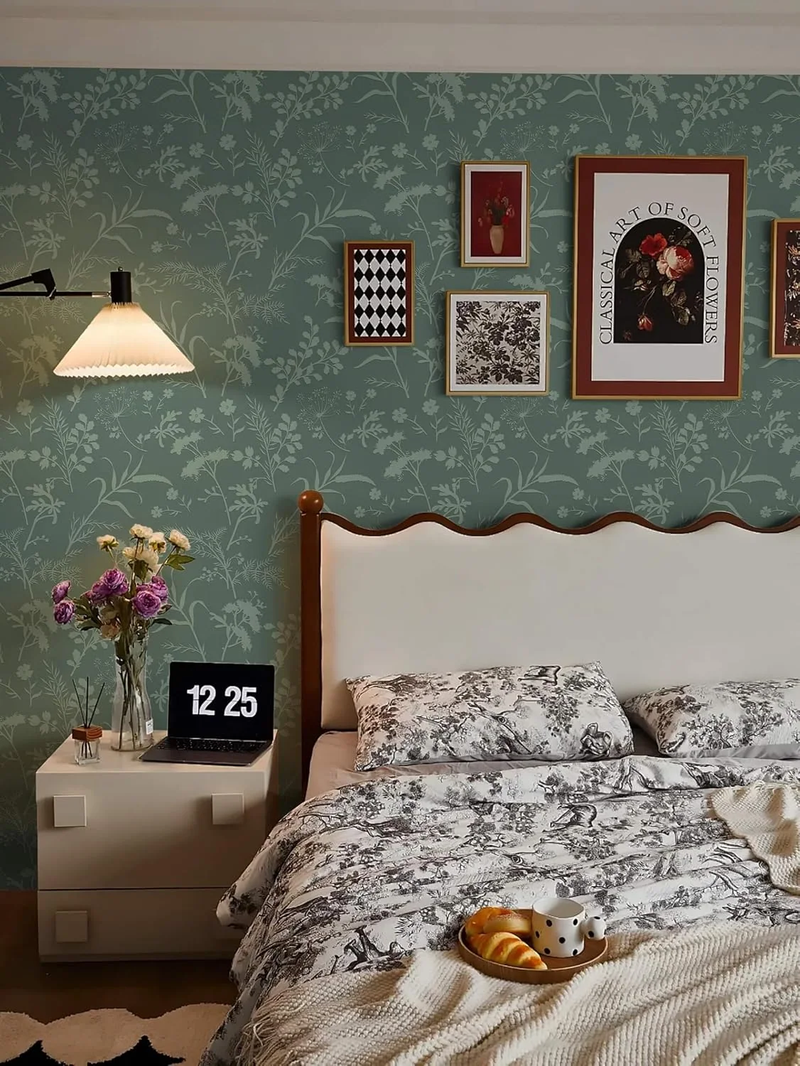 Heroad Sage Green Boho Floral peel and stick wallpaper in a room
