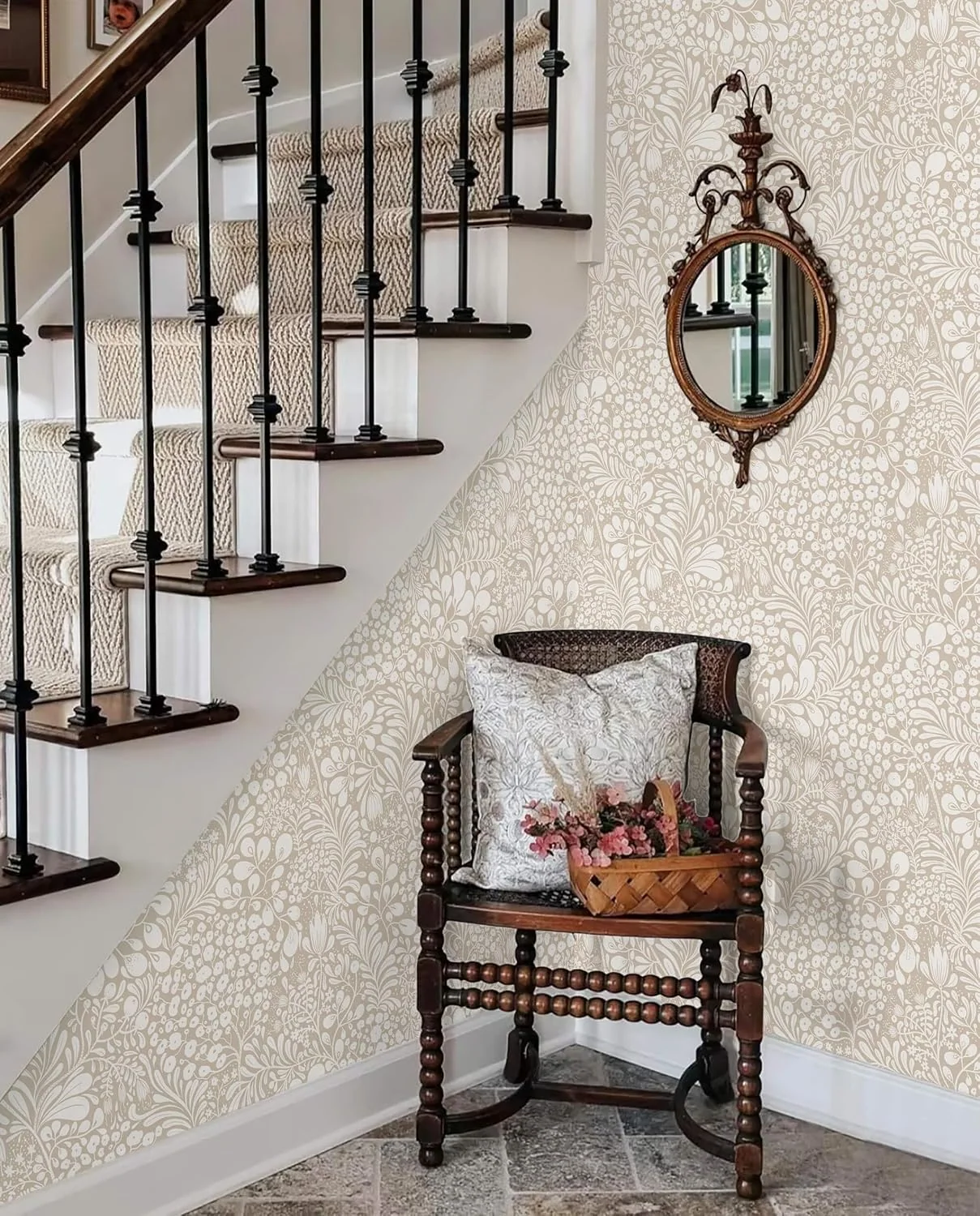 Heroad Beige Boho Wildflower peel and stick wallpaper in a room