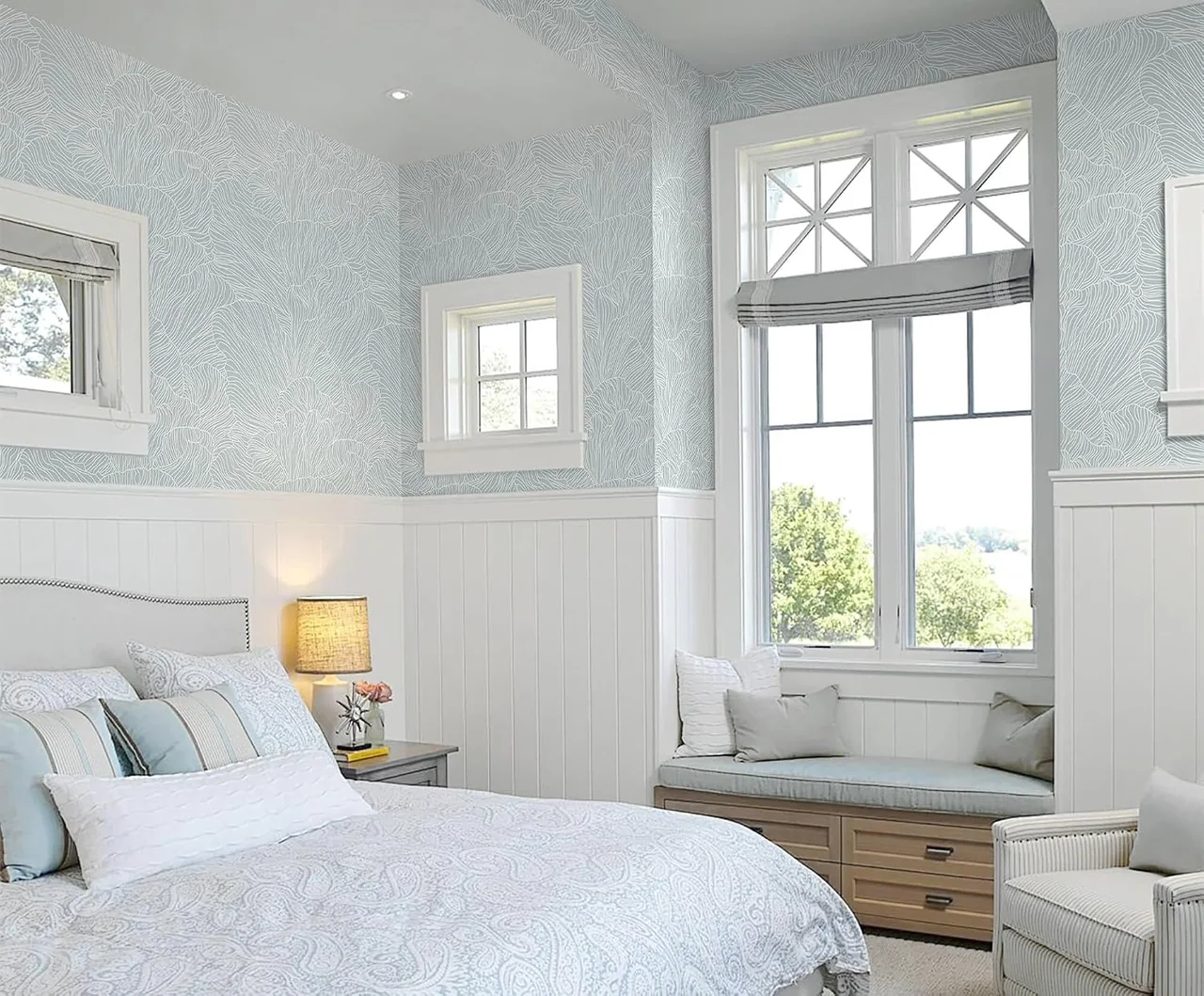 Heroad Blue Boho Wave peel and stick wallpaper in a room