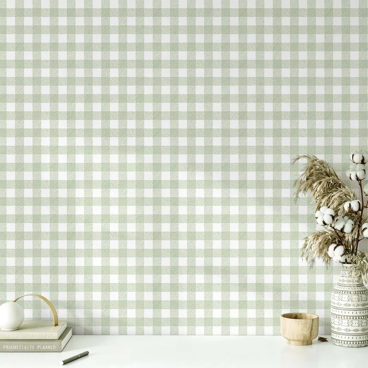 Heroad Green Boho Gingham peel and stick wallpaper, swatch