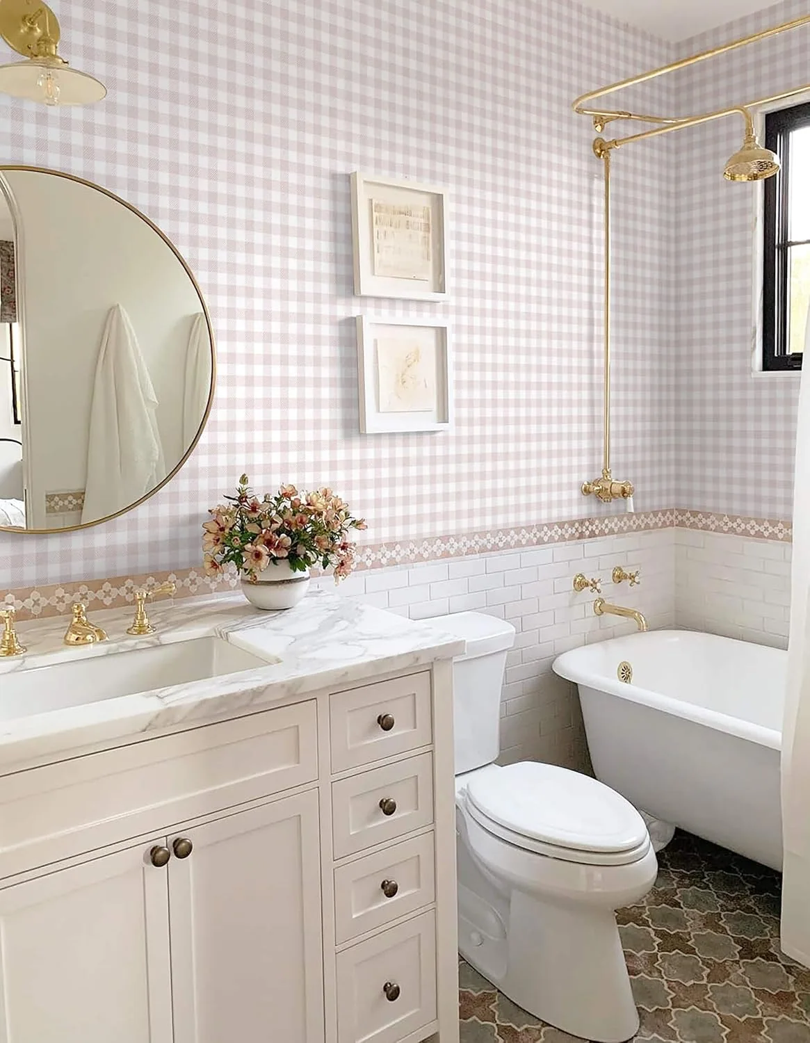 Heroad Pink Boho Gingham peel and stick wallpaper in a room