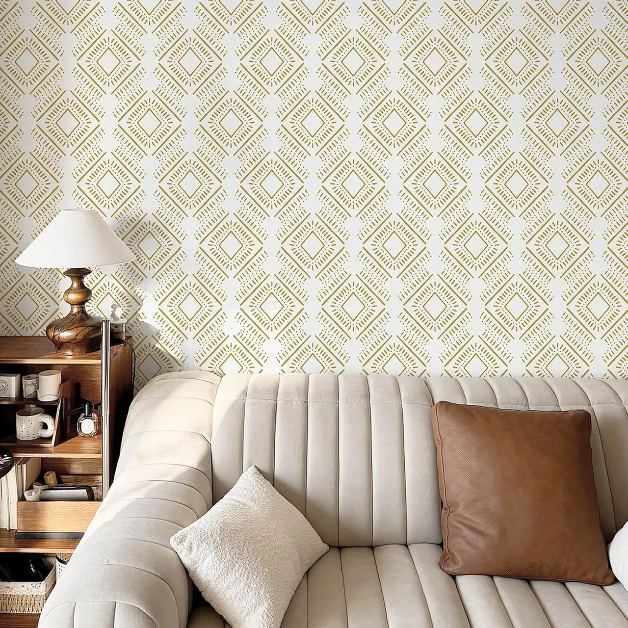Heroad Beige and Orange Boho Diamond peel and stick wallpaper in a room